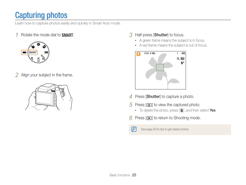 Capturing photos | Samsung EC-WB100ZBABUS User Manual | Page 26 / 125