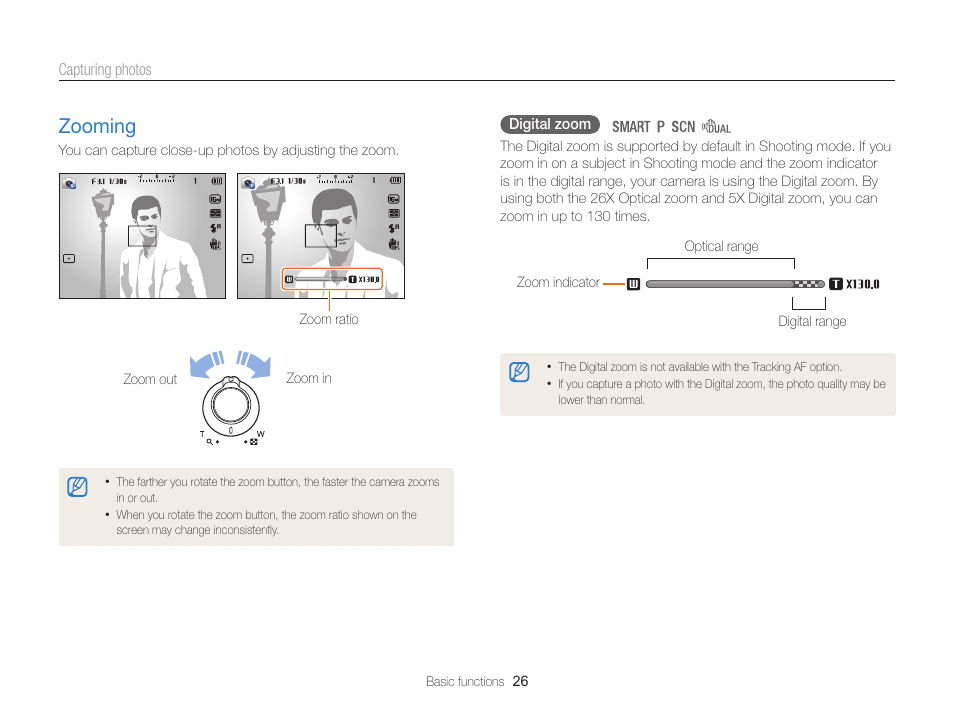 Zooming, Zooming ………………………………… 26 | Samsung EC-WB100ZBABUS User Manual | Page 27 / 125