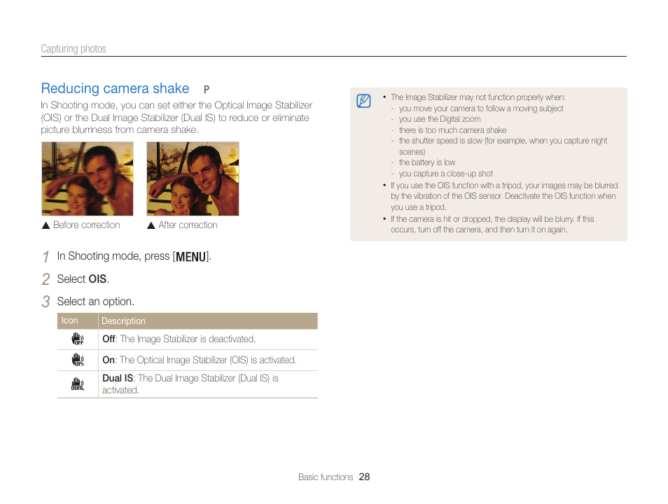 Reducing camera shake, Reducing camera shake ………………… 28 | Samsung EC-WB100ZBABUS User Manual | Page 29 / 125