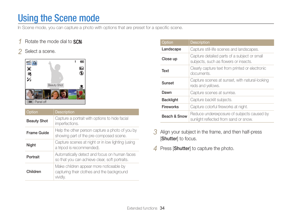 Using the scene mode, Mode. (p. 34) | Samsung EC-WB100ZBABUS User Manual | Page 35 / 125