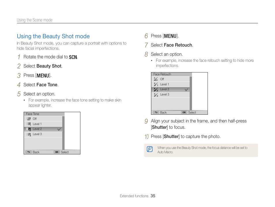 Using the beauty shot mode, Using the beauty shot mode …………… 35 | Samsung EC-WB100ZBABUS User Manual | Page 36 / 125