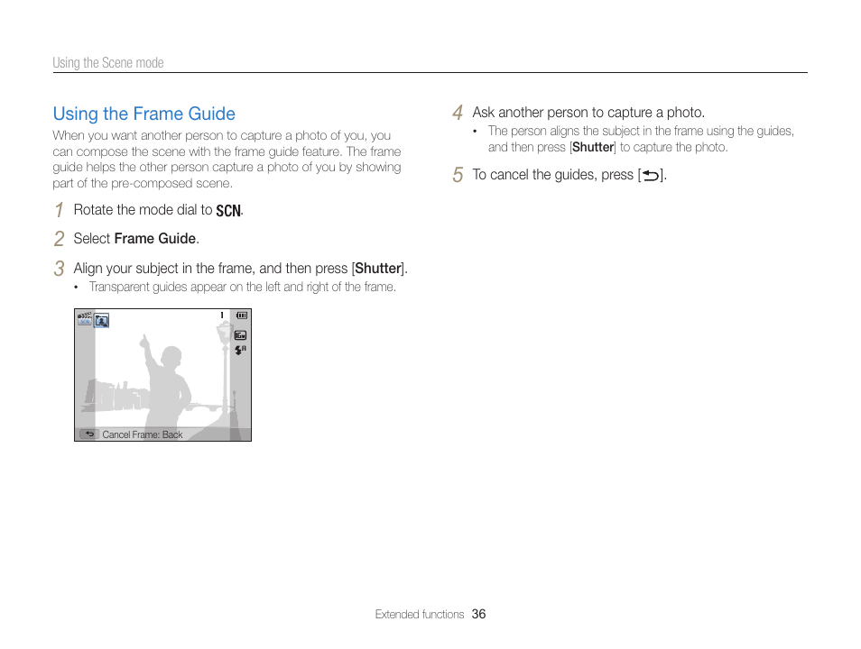 Using the frame guide, Using the frame guide …………………… 36 | Samsung EC-WB100ZBABUS User Manual | Page 37 / 125