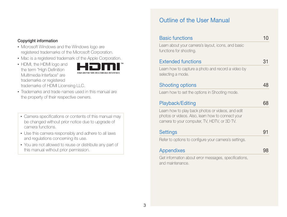 Outline of the user manual | Samsung EC-WB100ZBABUS User Manual | Page 4 / 125