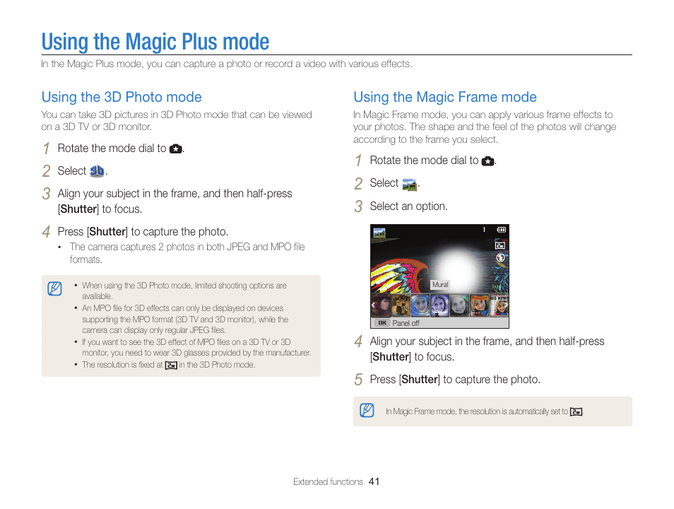 Using the magic plus mode, Using the 3d photo mode, Using the magic frame mode | Samsung EC-WB100ZBABUS User Manual | Page 42 / 125