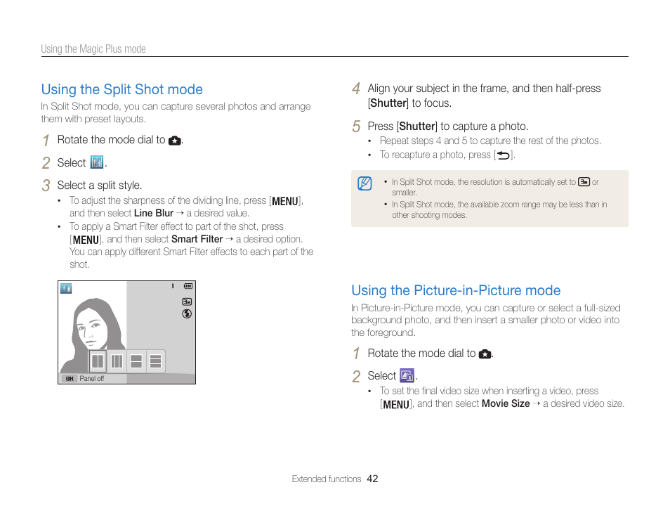 Using the split shot mode, Using the picture-in-picture mode | Samsung EC-WB100ZBABUS User Manual | Page 43 / 125