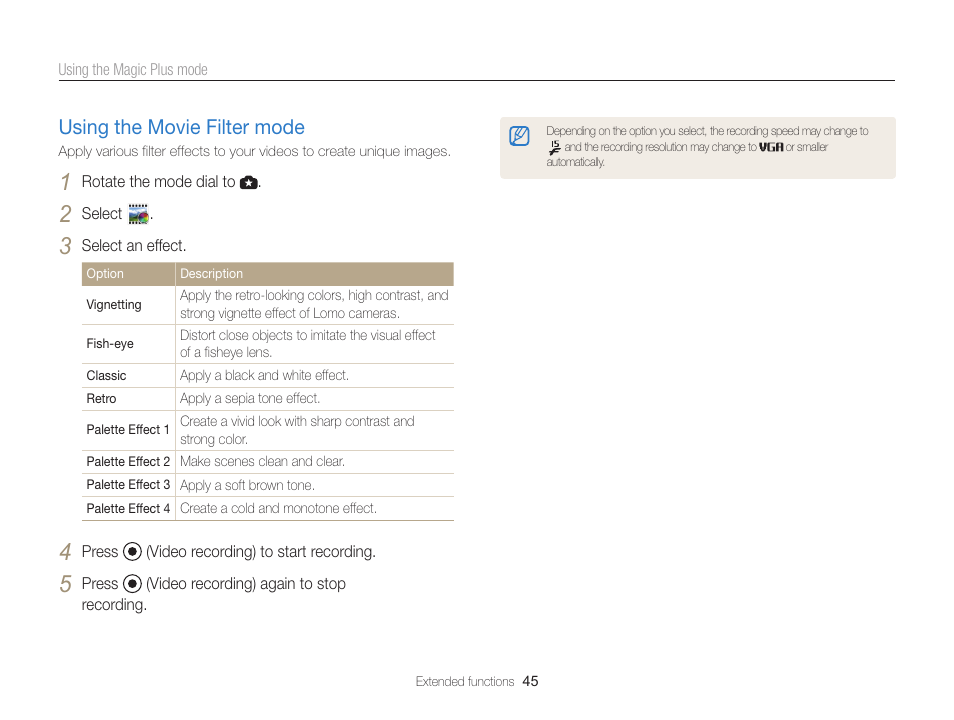 Using the movie filter mode, Using the movie filter mode ……………… 45 | Samsung EC-WB100ZBABUS User Manual | Page 46 / 125