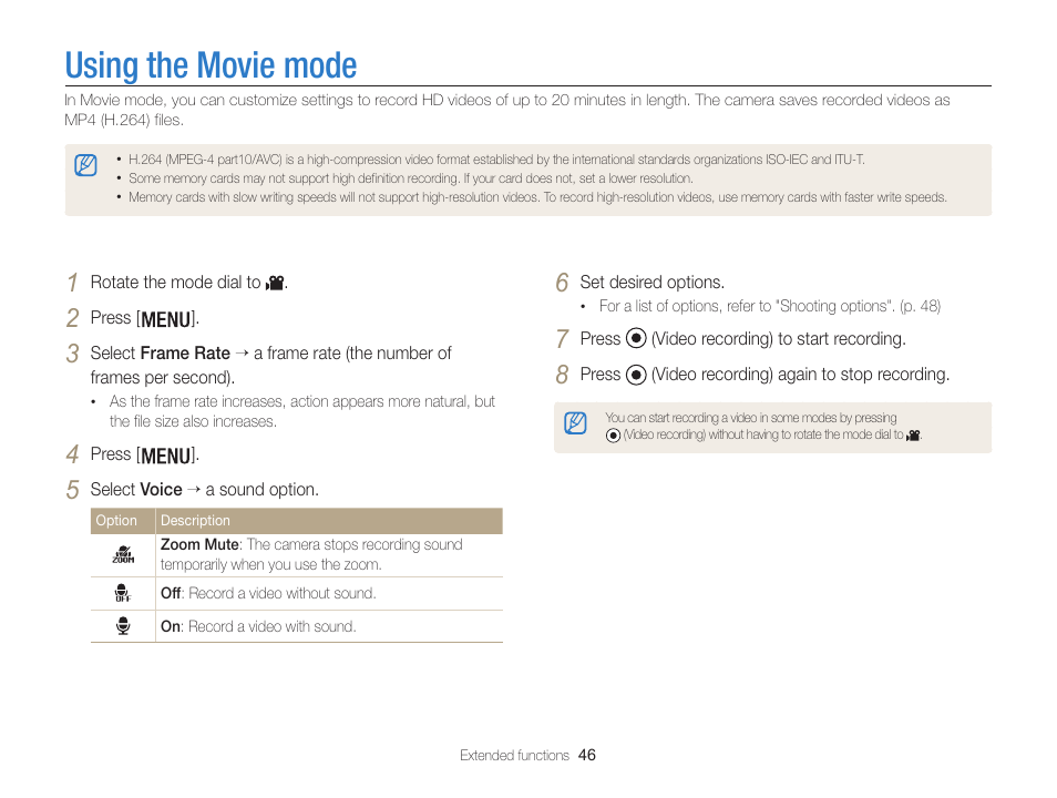 Using the movie mode | Samsung EC-WB100ZBABUS User Manual | Page 47 / 125