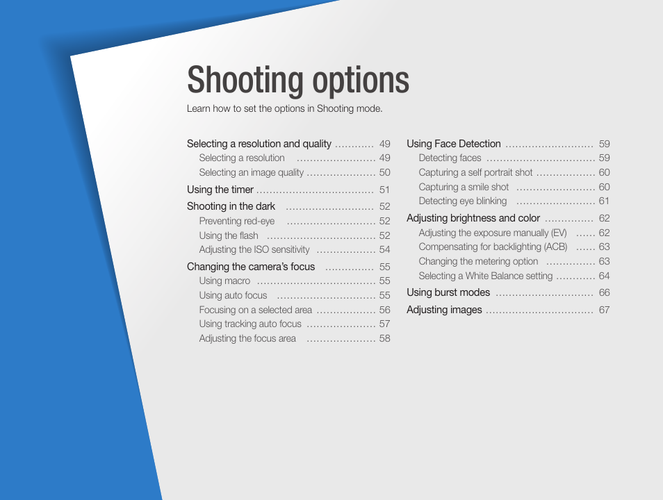 Shooting options, Learn how to set the options in shooting mode | Samsung EC-WB100ZBABUS User Manual | Page 49 / 125