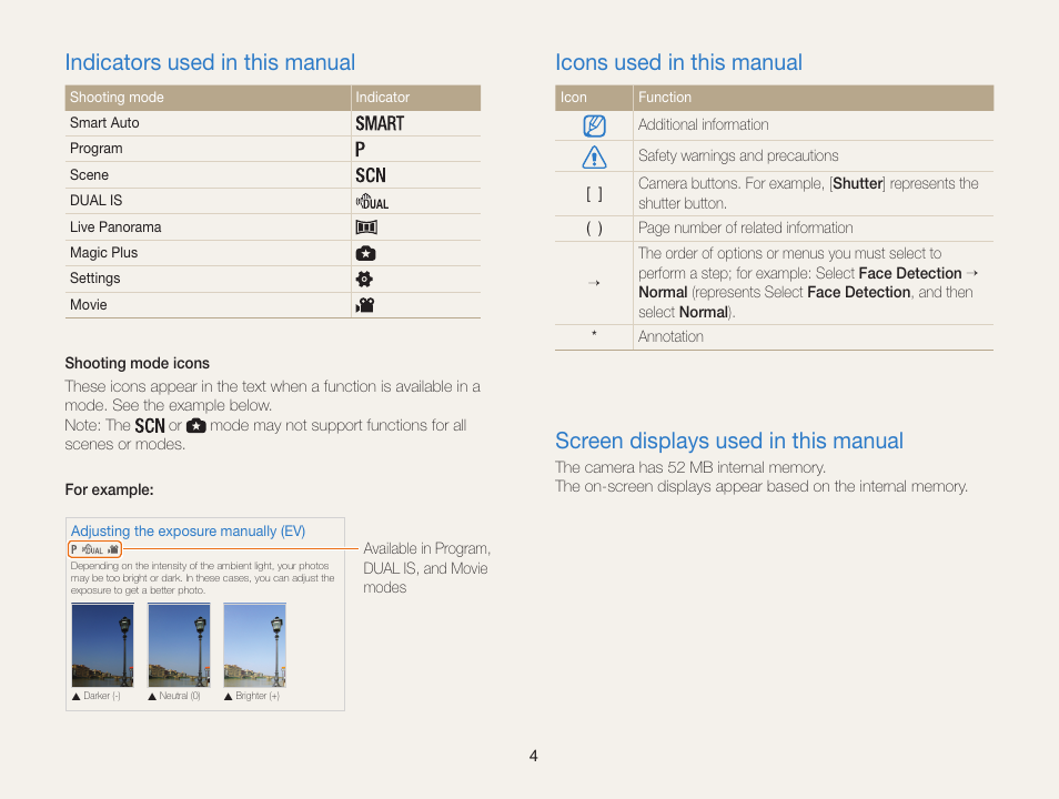 Adjusting brightness and color, Indicators used in this manual, Icons used in this manual | Screen displays used in this manual | Samsung EC-WB100ZBABUS User Manual | Page 5 / 125