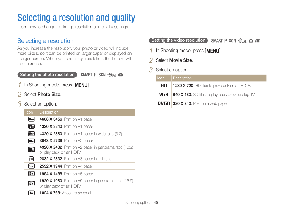 Selecting a resolution and quality, Selecting a resolution, Selecting a resolution …………………… 49 | Samsung EC-WB100ZBABUS User Manual | Page 50 / 125