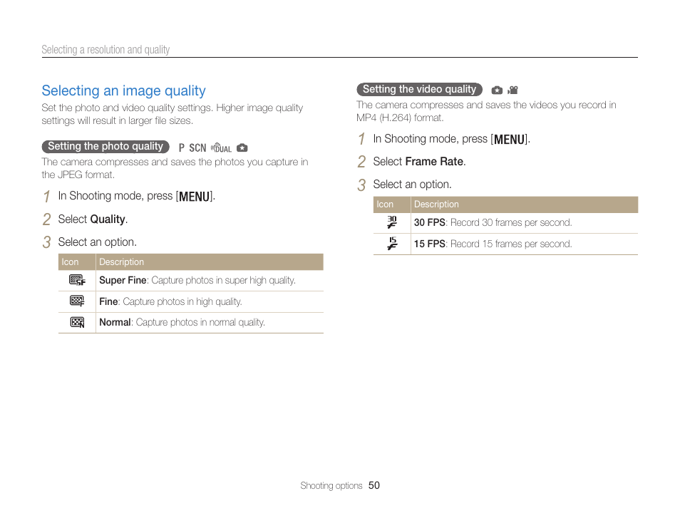 Selecting an image quality, Selecting an image quality ………………… 50 | Samsung EC-WB100ZBABUS User Manual | Page 51 / 125