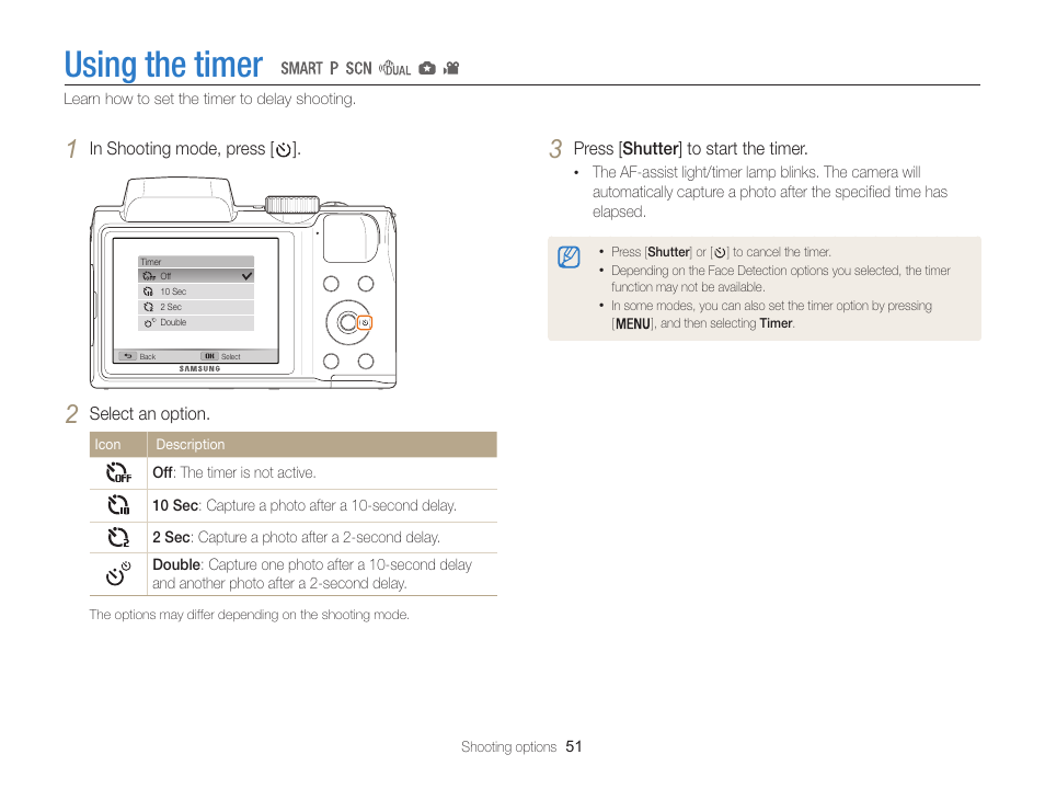 Using the timer | Samsung EC-WB100ZBABUS User Manual | Page 52 / 125