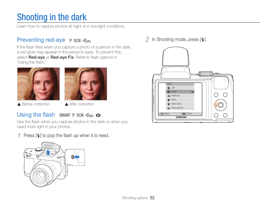 Shooting in the dark, Preventing red-eye, Using the flash | P. 52), Urn on the flash. (p. 52) | Samsung EC-WB100ZBABUS User Manual | Page 53 / 125