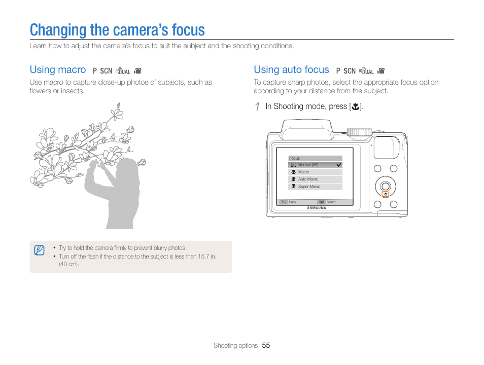 Changing the camera’s focus, Using macro, Using auto focus | Samsung EC-WB100ZBABUS User Manual | Page 56 / 125