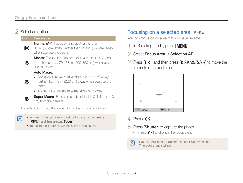 Focusing on a selected area, Focusing on a selected area ……………… 56 | Samsung EC-WB100ZBABUS User Manual | Page 57 / 125