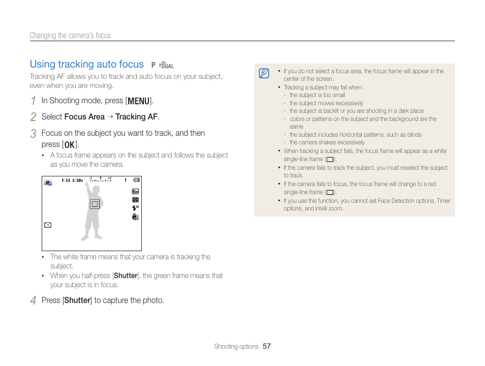 Using tracking auto focus, Using tracking auto focus ………………… 57 | Samsung EC-WB100ZBABUS User Manual | Page 58 / 125