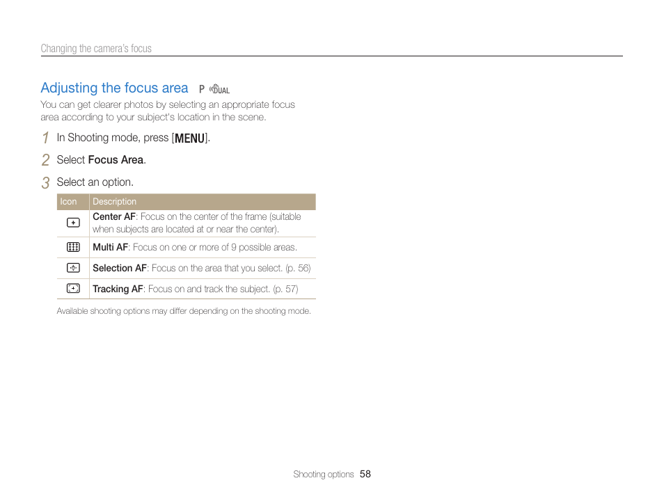 Adjusting the focus area, Adjusting the focus area ………………… 58 | Samsung EC-WB100ZBABUS User Manual | Page 59 / 125