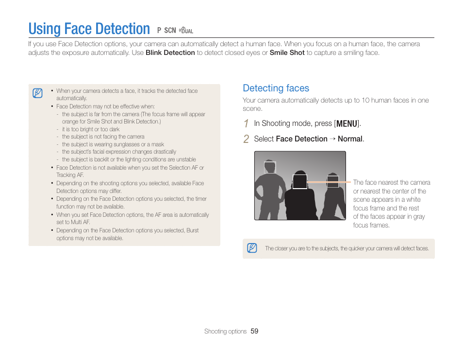 Using face detection, Detecting faces, Detecting faces …………………………… 59 | Samsung EC-WB100ZBABUS User Manual | Page 60 / 125