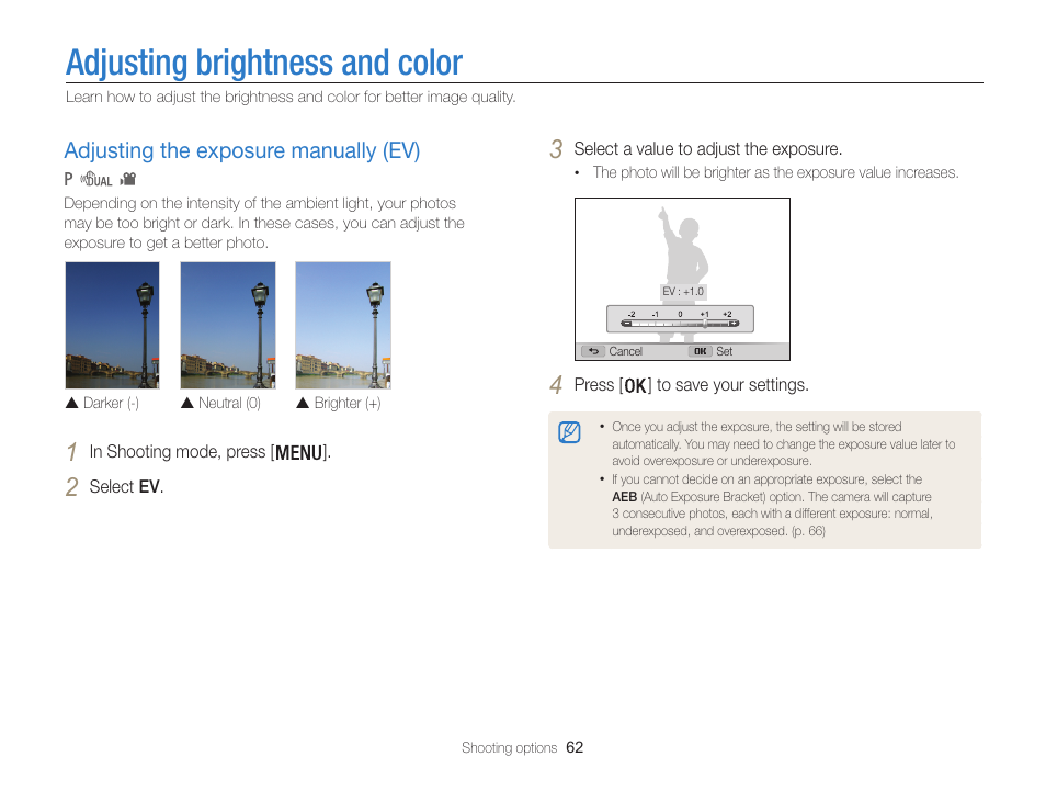 Adjusting brightness and color, Adjusting the exposure manually (ev), Adjust the exposure. (p. 62) | Adjusting the exposure manually (ev) …… 62 | Samsung EC-WB100ZBABUS User Manual | Page 63 / 125