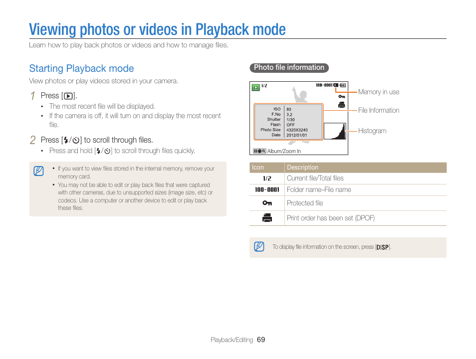 Viewing photos or videos in playback mode, Starting playback mode, Starting playback mode ………………… 69 | Samsung EC-WB100ZBABUS User Manual | Page 70 / 125