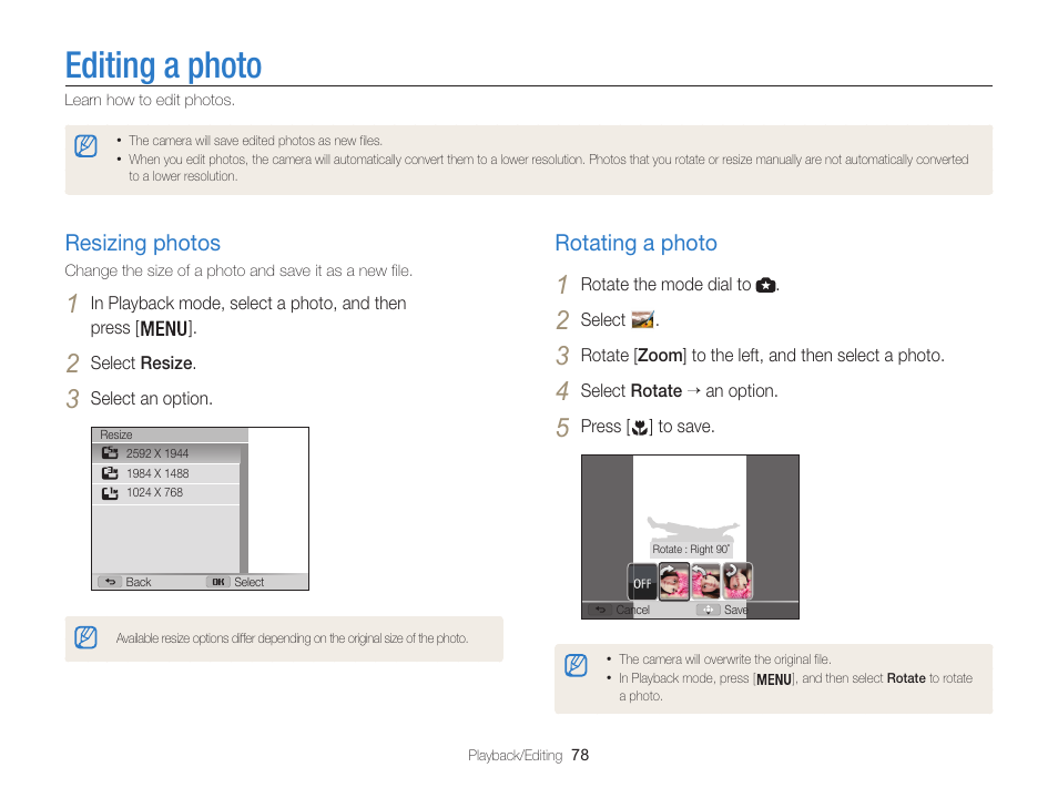 Editing a photo, Resizing photos, Rotating a photo | Samsung EC-WB100ZBABUS User Manual | Page 79 / 125