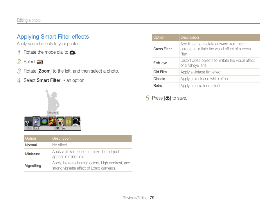 Applying smart filter effects, Applying smart filter effects ……………… 79 | Samsung EC-WB100ZBABUS User Manual | Page 80 / 125