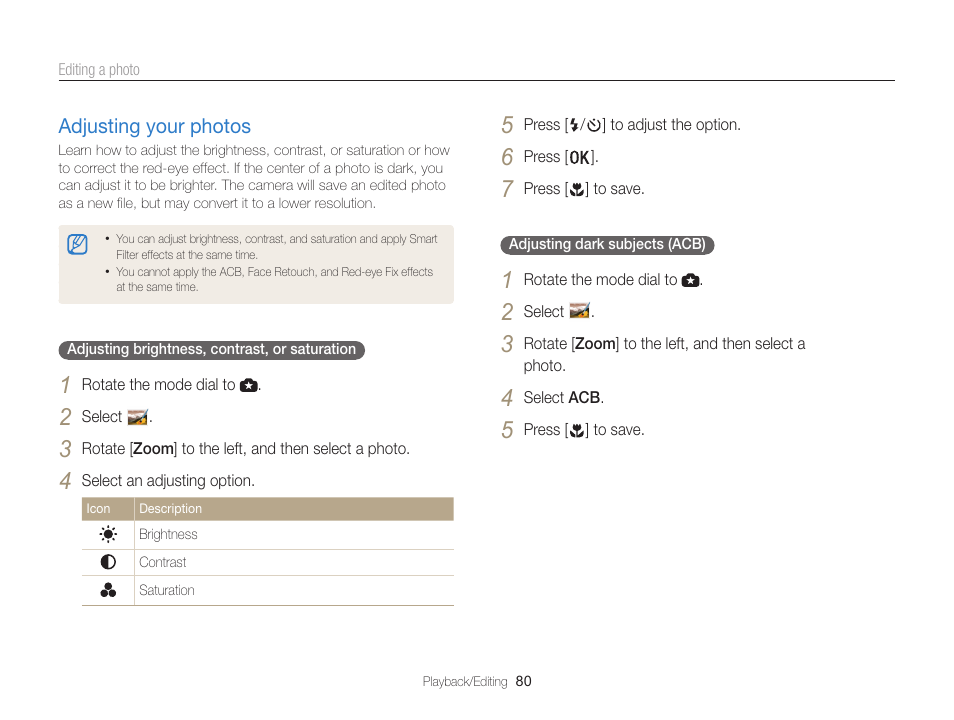 Adjusting your photos, Adjusting your photos …………………… 80 | Samsung EC-WB100ZBABUS User Manual | Page 81 / 125