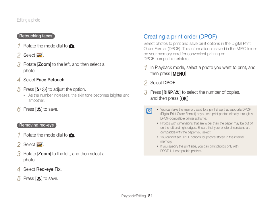 Creating a print order (dpof), In the edit menu. (p. 81), Creating a print order (dpof) …………… 81 | Samsung EC-WB100ZBABUS User Manual | Page 82 / 125