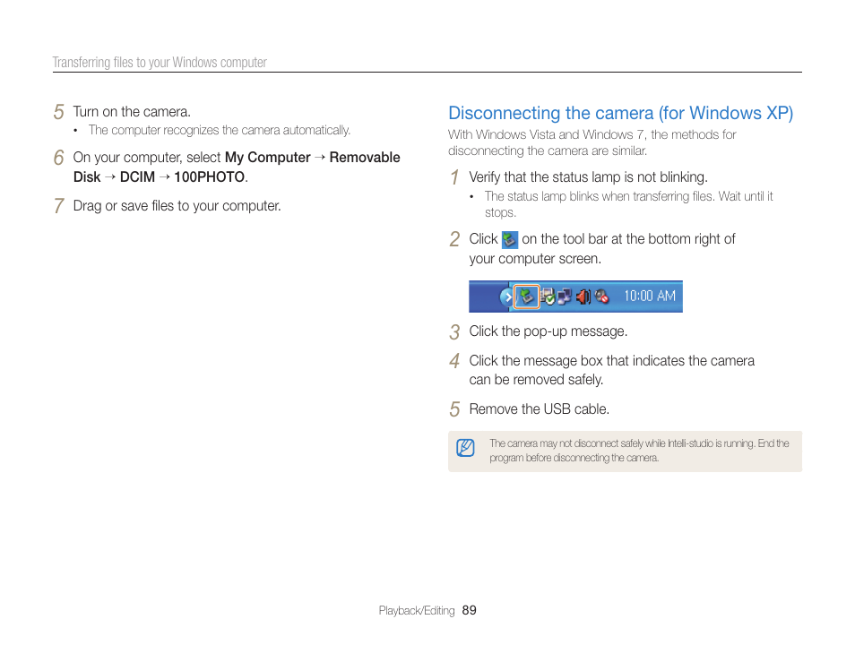 Disconnecting the camera (for windows xp) | Samsung EC-WB100ZBABUS User Manual | Page 90 / 125