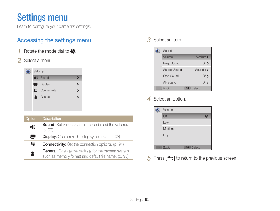 Settings menu, Accessing the settings menu, Accessing the settings menu ……………………… 92 | Samsung EC-WB100ZBABUS User Manual | Page 93 / 125