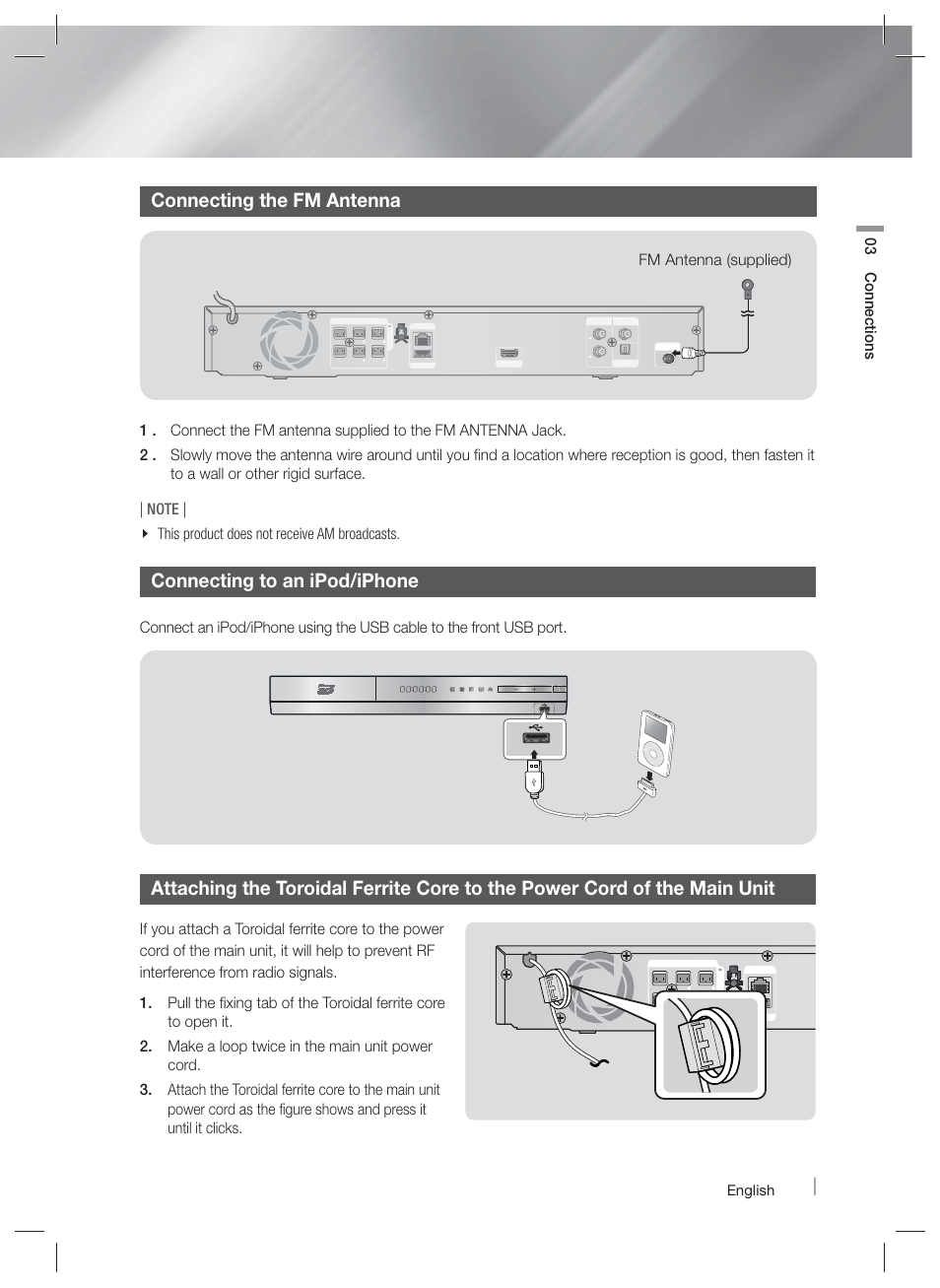 Connecting the fm antenna, Connecting to an ipod/iphone, 03 connections | English | Samsung HT-EM45-ZA User Manual | Page 17 / 59