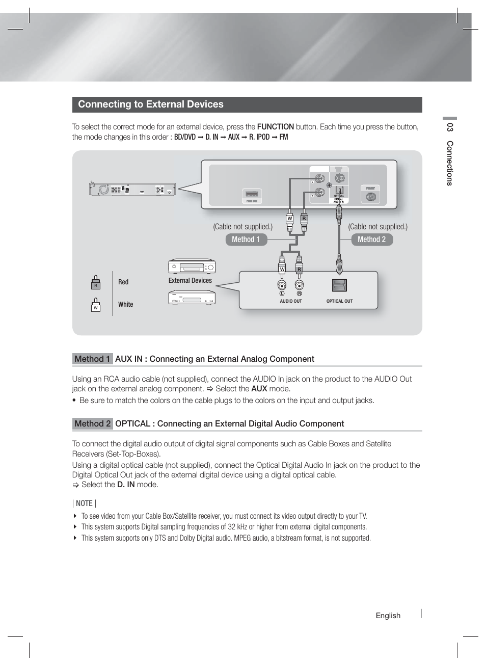 Connecting to external devices | Samsung HT-EM45-ZA User Manual | Page 19 / 59