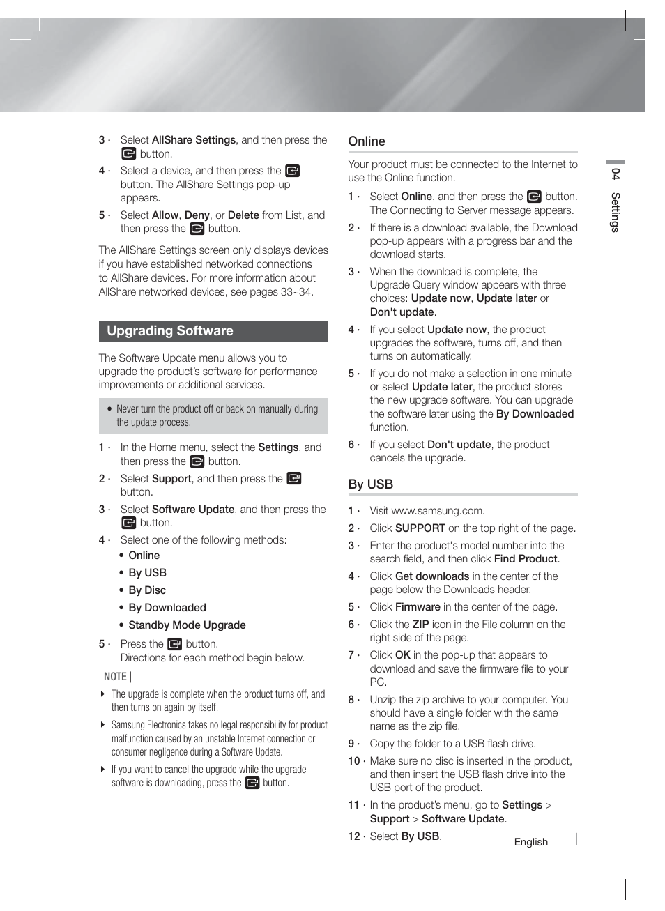 Upgrading software | Samsung HT-EM45-ZA User Manual | Page 31 / 59