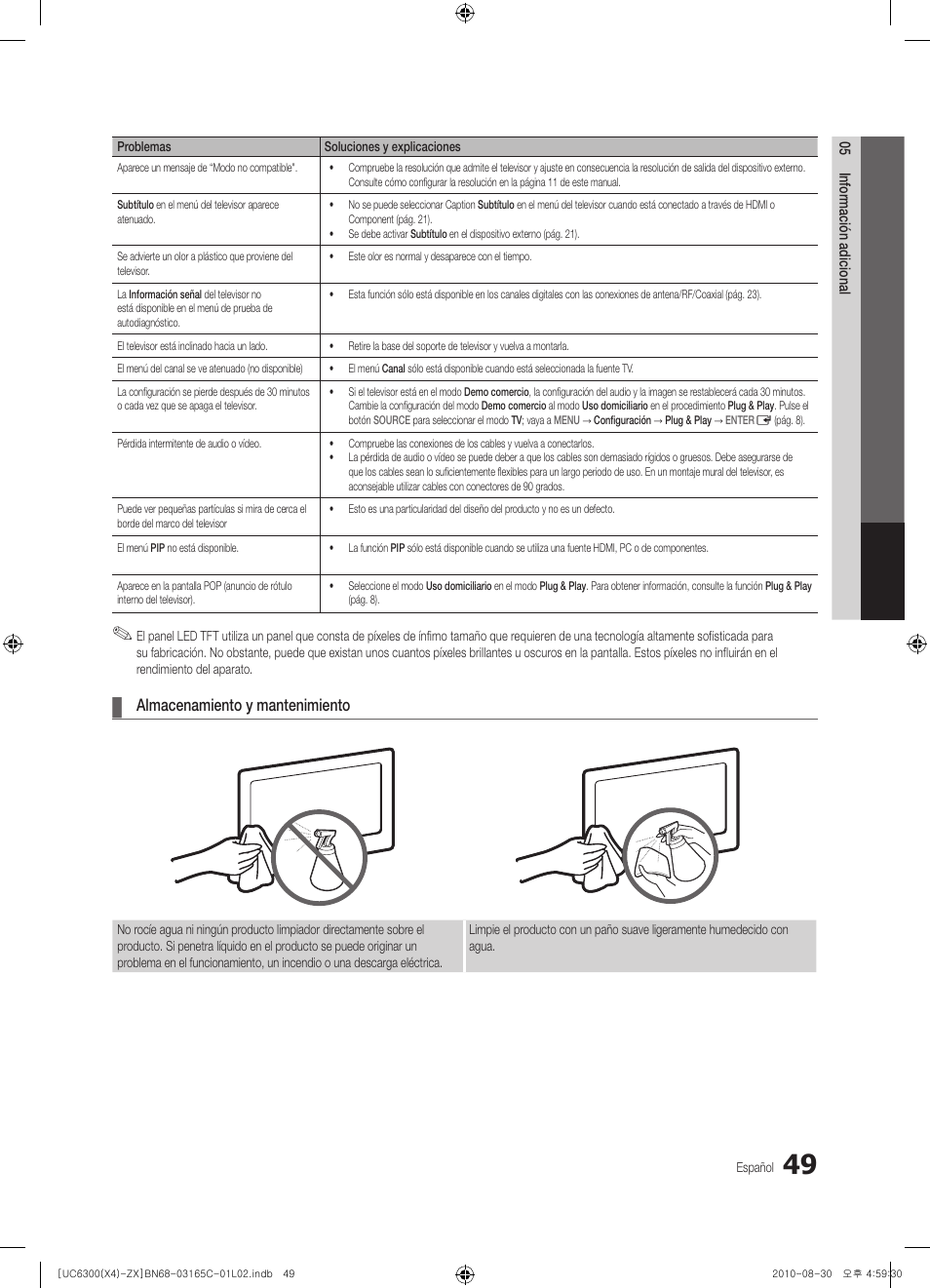 Almacenamiento y mantenimiento | Samsung UN40C6300SFXZA User Manual | Page 101 / 104