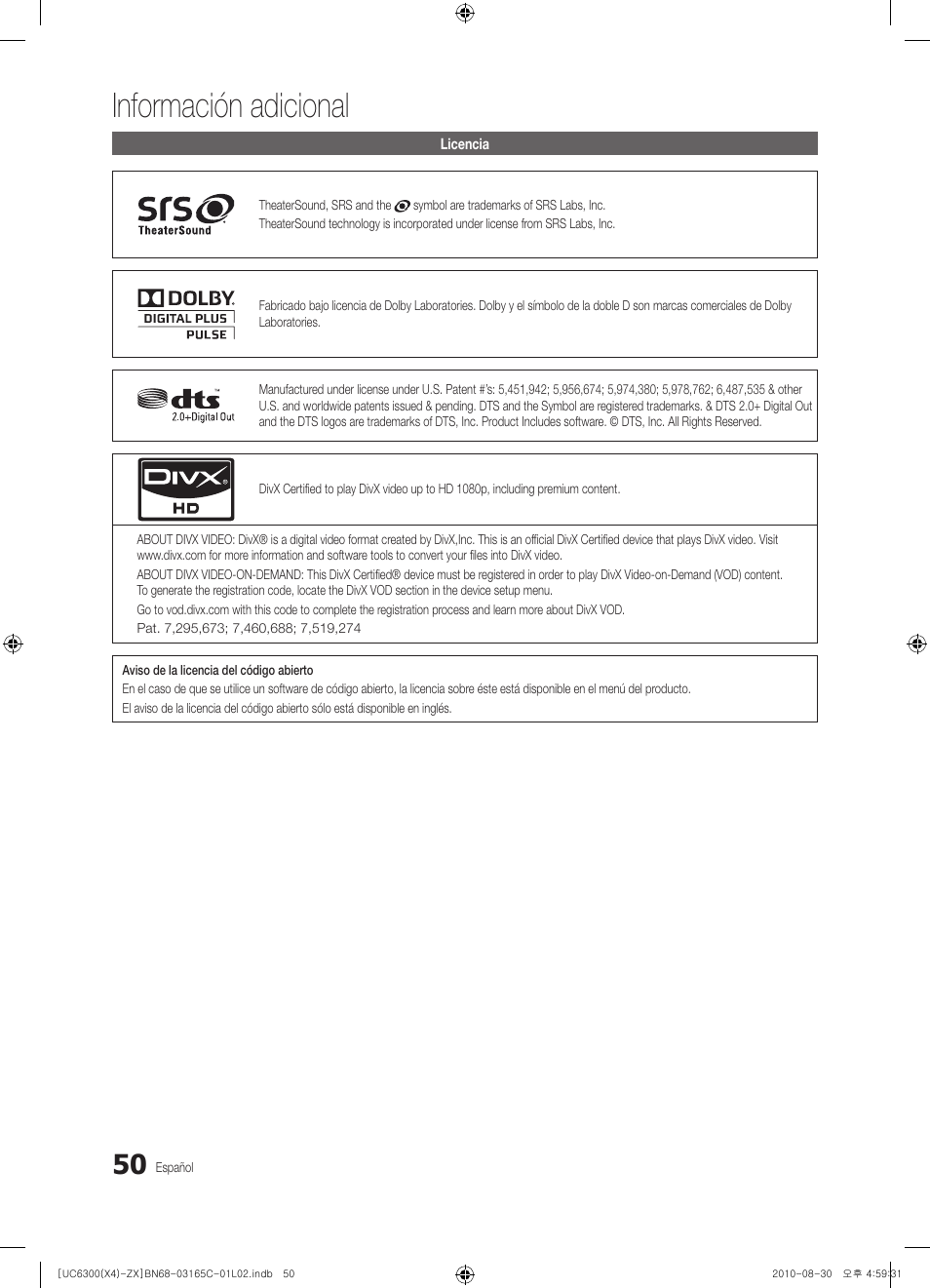 Información adicional | Samsung UN40C6300SFXZA User Manual | Page 102 / 104