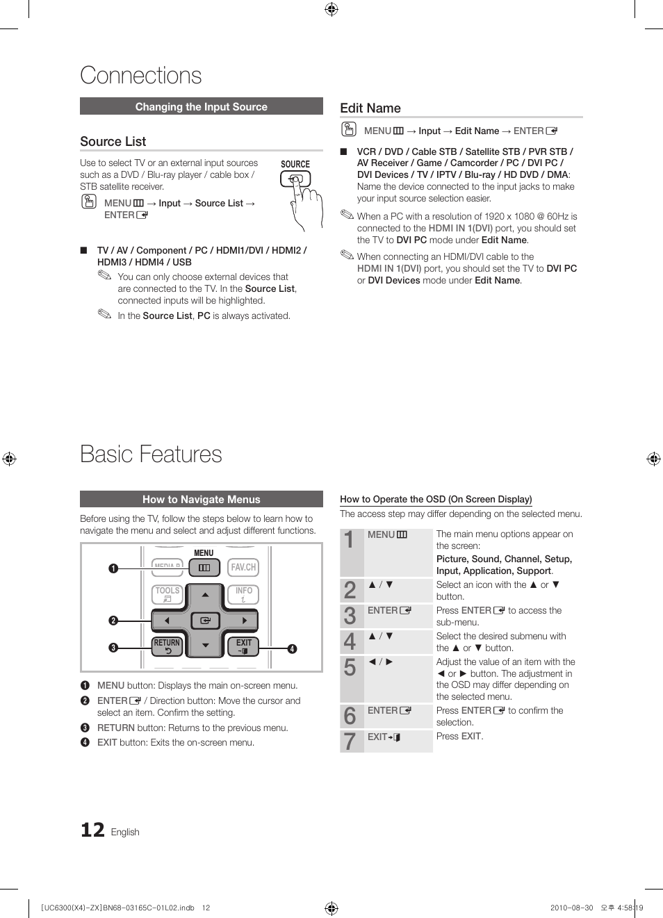 Changing the input source, Basic features, How to navigate menus | Connections, Source list, Edit name | Samsung UN40C6300SFXZA User Manual | Page 12 / 104