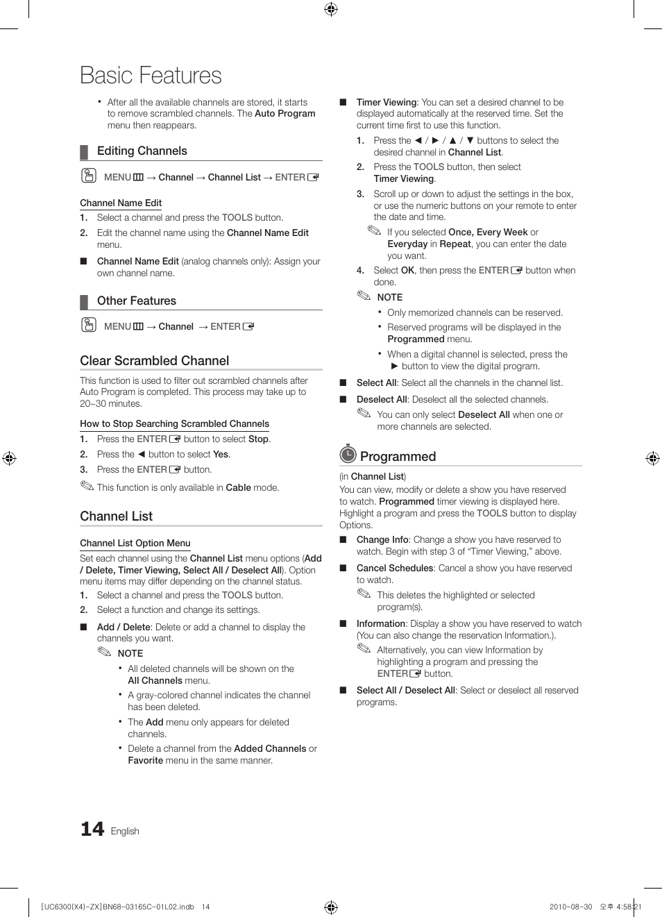 Basic features, Clear scrambled channel, Channel list | Programmed | Samsung UN40C6300SFXZA User Manual | Page 14 / 104