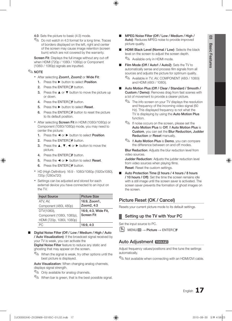 Picture reset (ok / cancel), Auto adjustment | Samsung UN40C6300SFXZA User Manual | Page 17 / 104