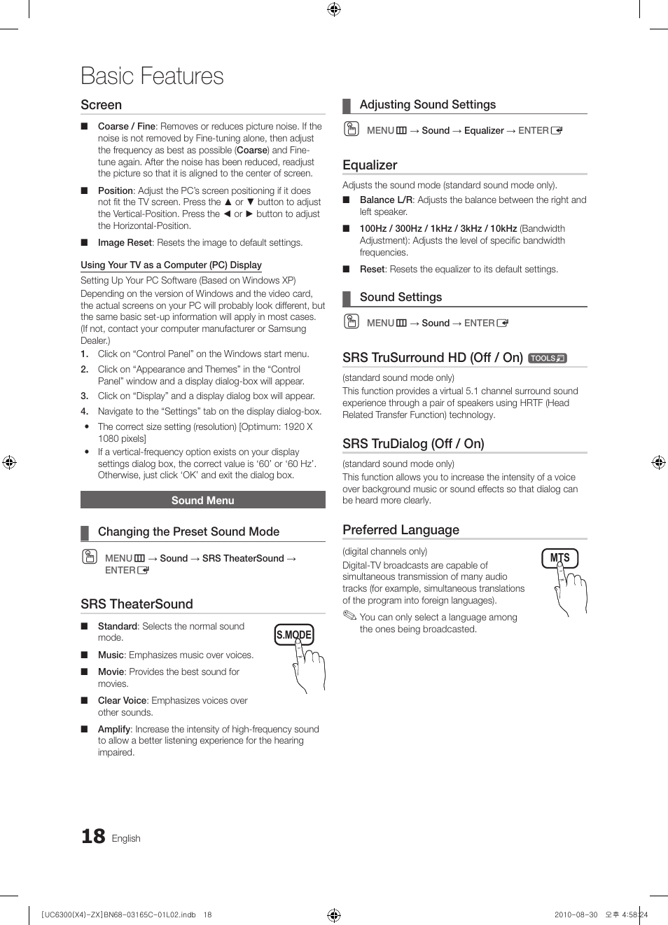 Sound menu, Basic features, Screen | Srs theatersound, Equalizer, Srs trusurround hd (off / on), Srs trudialog (off / on), Preferred language | Samsung UN40C6300SFXZA User Manual | Page 18 / 104
