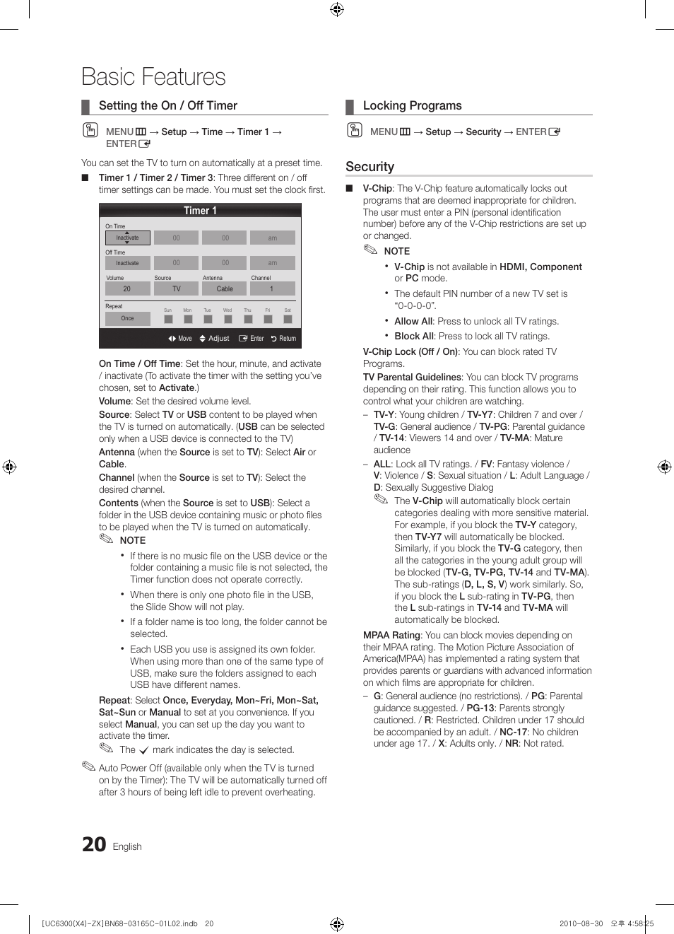 Basic features, Security | Samsung UN40C6300SFXZA User Manual | Page 20 / 104