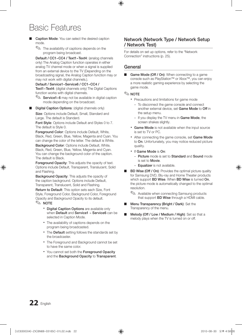 Basic features | Samsung UN40C6300SFXZA User Manual | Page 22 / 104
