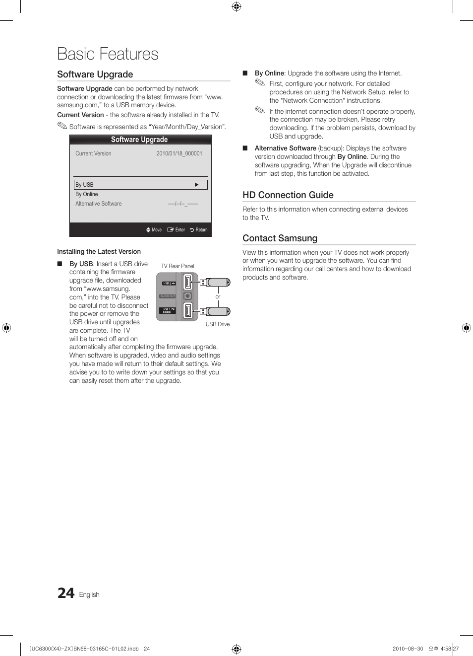 Basic features, Software upgrade, Hd connection guide | Contact samsung | Samsung UN40C6300SFXZA User Manual | Page 24 / 104