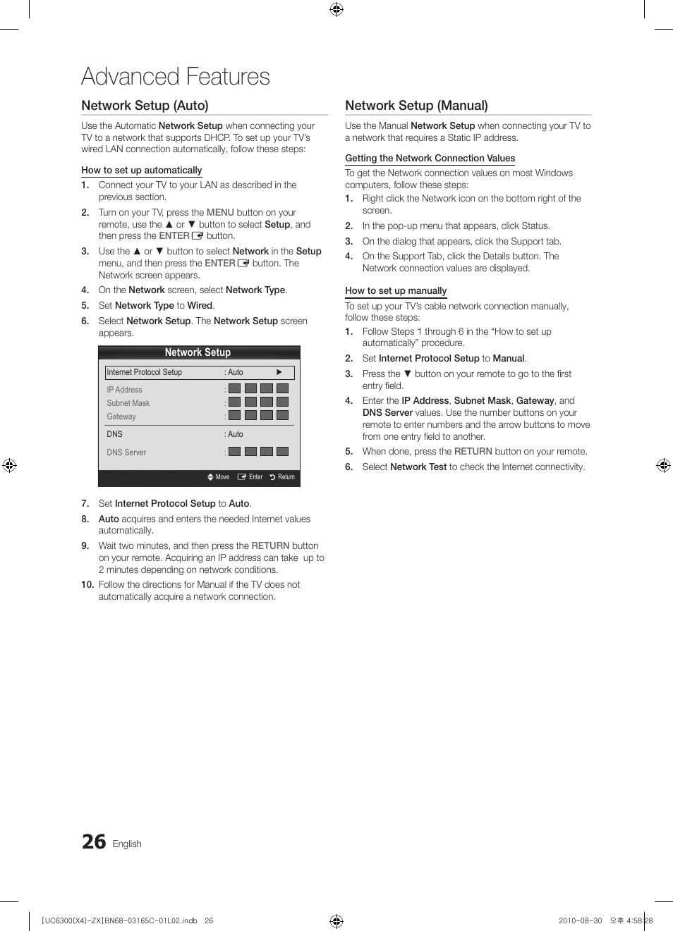 Advanced features, Network setup (auto), Network setup (manual) | Samsung UN40C6300SFXZA User Manual | Page 26 / 104