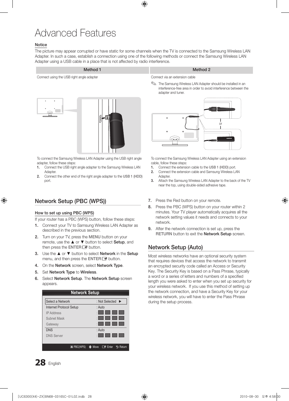 Advanced features, Network setup (pbc (wps)), Network setup (auto) | Samsung UN40C6300SFXZA User Manual | Page 28 / 104