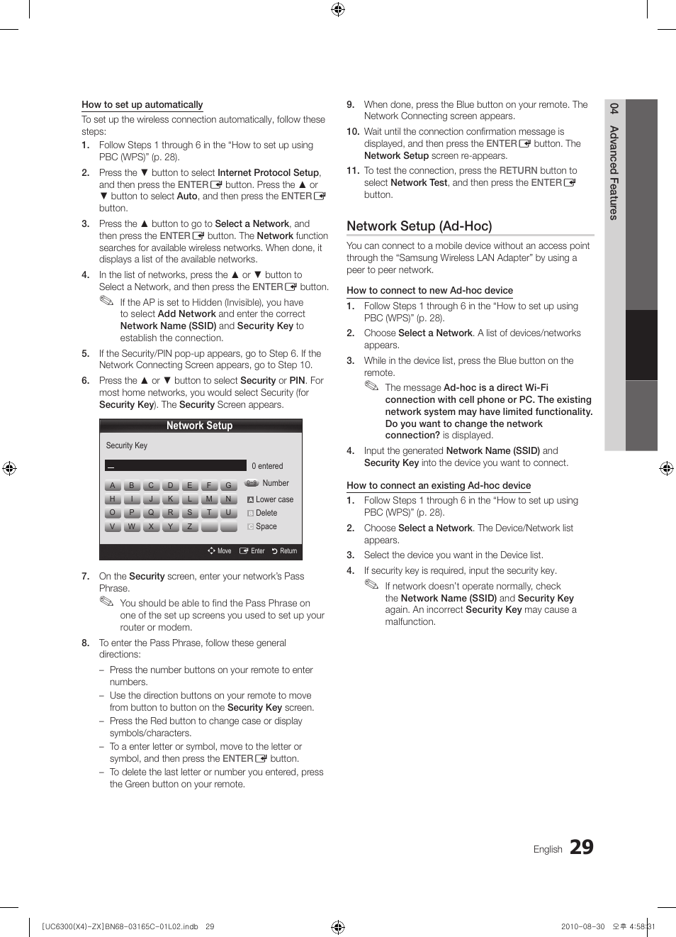 Network setup (ad-hoc) | Samsung UN40C6300SFXZA User Manual | Page 29 / 104