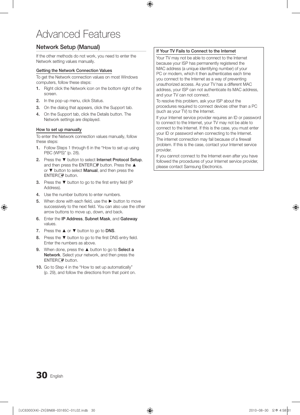 Advanced features, Network setup (manual) | Samsung UN40C6300SFXZA User Manual | Page 30 / 104