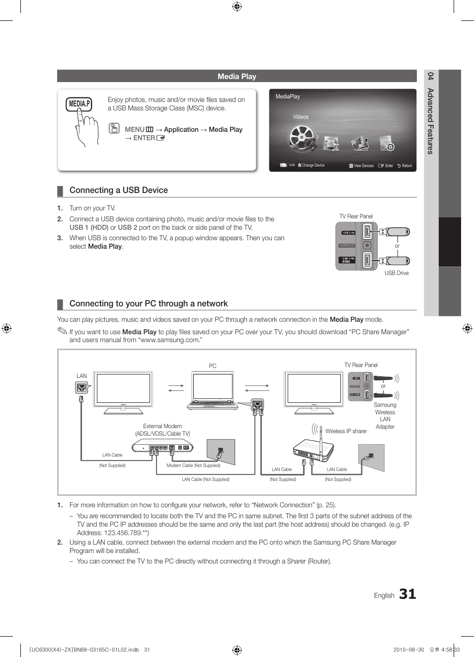 Media play, Connecting a usb device, Connecting to your pc through a network | Samsung UN40C6300SFXZA User Manual | Page 31 / 104