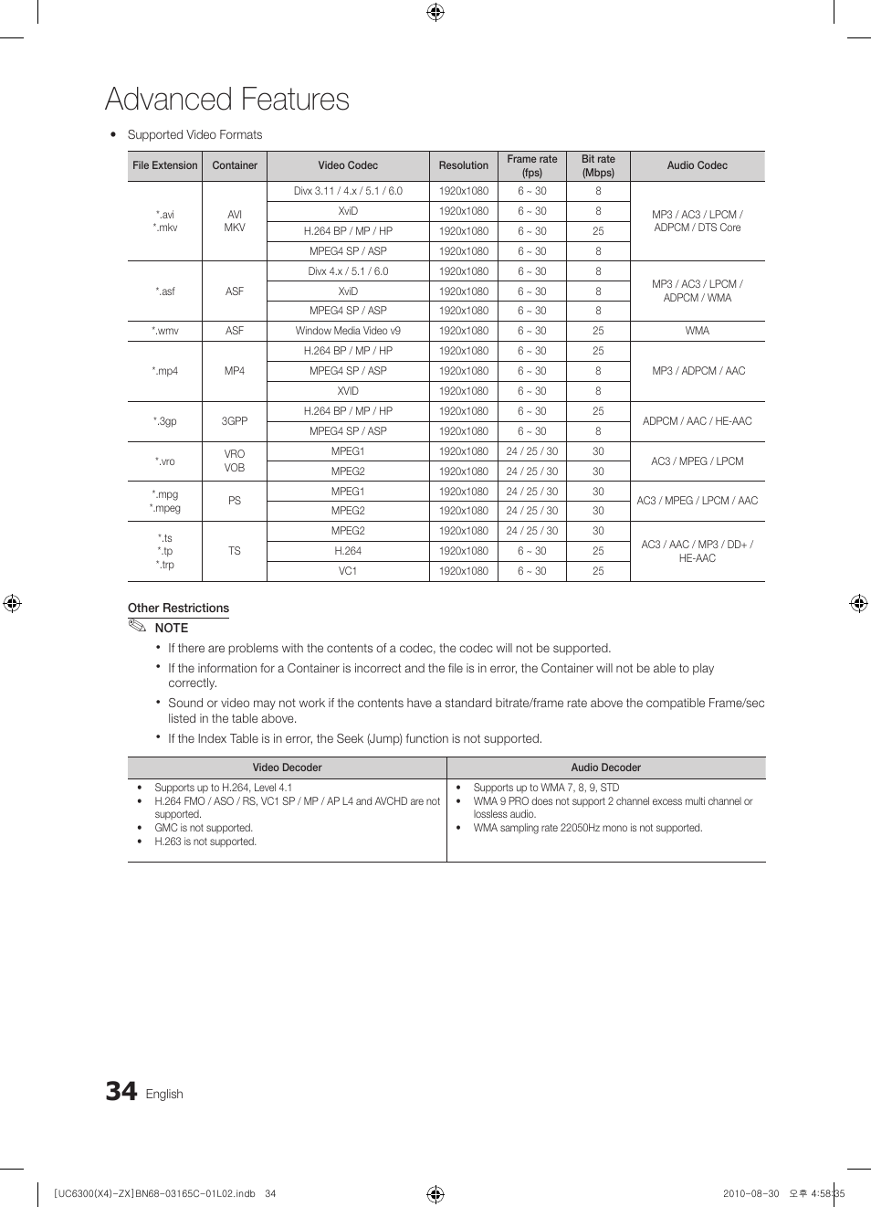 Advanced features | Samsung UN40C6300SFXZA User Manual | Page 34 / 104