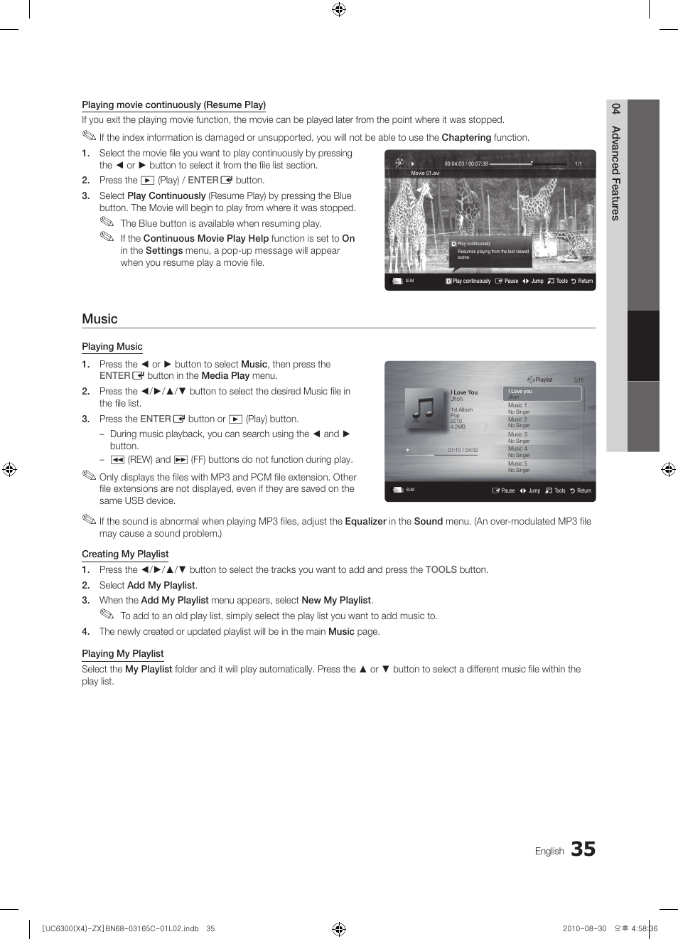 Music | Samsung UN40C6300SFXZA User Manual | Page 35 / 104
