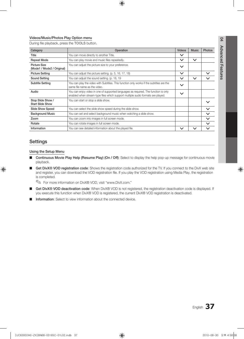 Settings | Samsung UN40C6300SFXZA User Manual | Page 37 / 104